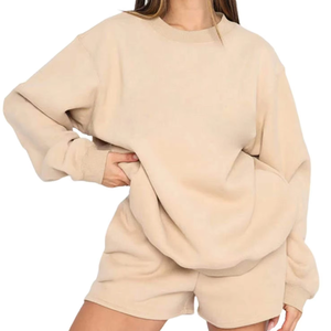 OEM Wholesale Women's Spandex/Polyester Casual Knee 2-Piece Knit Sweatshirt Short Sets Regular Fit Pullover Crew - Product Image 5
