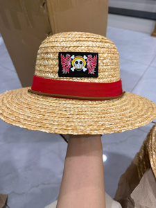 Chapeau Bob en Paille Naturelle du Vietnam, Ajustable, avec Œillets et Bande Rouge, Broderie Crâne, Unisexe Adulte, pour l'Été et les Fêtes en Extérieur - Product Image 1