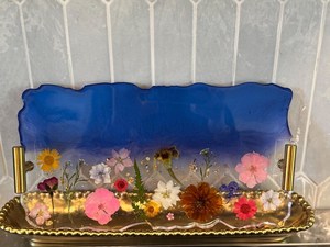 Blue & Gold Resin Tray with Real <b>Pressed</b> <b>Flowers</b> Handmade Blue Gold Resin Serving Tray Marble Effect Decorative Platter - Product Image 5