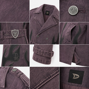 Chaqueta Larga de Mezclilla Color Malva Oscuro de 12oz para Hombre, con Cinturón de Pedrería, Doble Botonadura, Personalizada - Product Image 4
