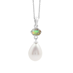 Classic 925 Sterling Silver Pendant <b>Necklace</b> With <b>Opal</b> & Freshwater Pearl Water Drop Shape Claw Setting Rhodium Plated Box Chain - Product Image 1