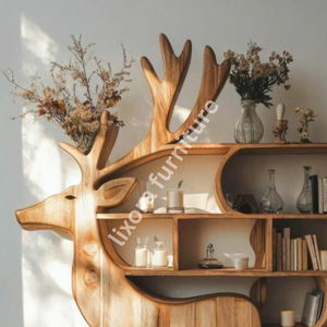 Handcrafted Deer Shaped <b>Solid</b> <b>Wood</b> Bookshelf Creative Animal Design Decorative Floor Display Rack - Product Image 2