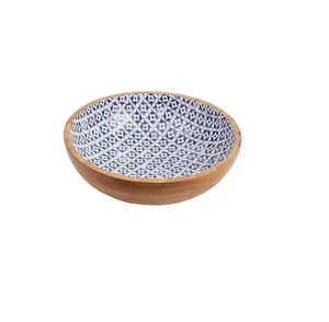 Trending Customised Enamel Mango Wood Bowl with Design Home and Garden Table top Dinnerware Bowls Antique Bowl