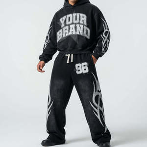 Custom Regular Men Solid Printed Hooded <b>Flared</b> Sweatpants Full <b>Glitter</b> Rhinestone 100% Cotton Eco-Friendly Sweatsuit - Product Image 4