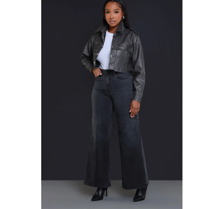 Women's PU Leather Moto Biker <b>Jacket</b> Stand Collar Button Closure Full <b>Sleeve</b> Solid Color <b>Short</b> Length Autumn Wear - Product Image 4