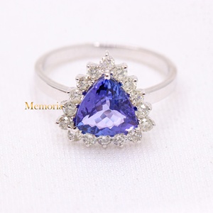 Natural Trillion Cut Tanzanite 18K Solid White Gold Halo Ring | Diamond Accent Fine Jewelry <b>Gift</b> for Women - Product Image 1