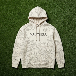 Sweat-shirt à capuche pour homme en crème avec motif de lignes topographiques, poche kangourou, streetwear personnalisé - Product Image 5