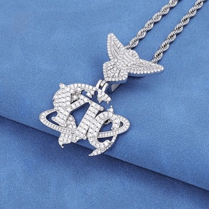 Mens Lab--Grown Diamond 925 <b>Silver</b> Angel Wing <b>Initial</b> Pendant <b>Necklace</b> Luxury Iced Out Chain - Product Image 3