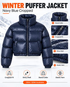 Women's Navy Cropped Puffer Jacket Shiny Winter Warm High Collar Short <b>Bubble</b> <b>Coat</b> Custom Logo Wholesale Streetwear Outerwear - Product Image 6