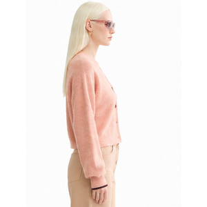 Women's Pink V-Neck <b>Cardigan</b> Full Sleeve Crop Length Solid Color Button Closure Minimalist Style Autumn Wear <b>Cardigans</b> <b>Sweaters</b> - Product Image 4