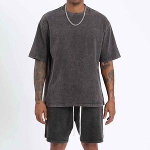 Conjunto de Camiseta y Pantalones Cortos Deportivos Casuales para Gimnasio, Estilo Acid Wash, Tallas Grandes, Color Sólido, para Hombre - Product Image 1