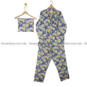 Conjunto de Pijama de Algodón 100% Hecho a Mano en India, Estampado Floral, Pantalones y Camisa Ultra Cómodos, Unisex, para Dormir en Casa, Ropa de Dormir de Verano - Product Image 5