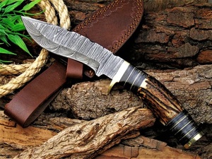 Handmade Industrial Grade Damascus Hunting Knife with Stag Handle and <b>Leather</b> Sheath for Outdoor Camping - Product Image 4