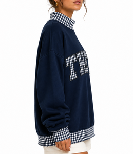 Custom Women Oversized Mockneck Sweatshirt Heavyweight Gingham Plaid <b>Patchwork</b> Casual Varsity Streetwear <b>Top</b> - Product Image 4