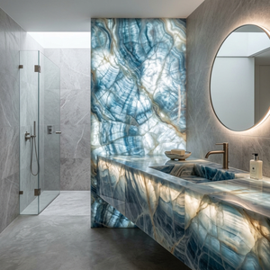 Grande dalle d'onyx bleu poli - Pierre durable et imperméable pour le revêtement mural de la cuisine et de la salle à manger |   Impex Pakistan IP-U-26-08-039 - Product Image 5