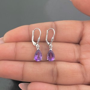 Amethyst Drop <b>Earrings</b> 925 Sterling Silver Platinum Plated Pear Cut Healing Gemstone Third Party Certified Dainty Gift for Her - Product Image 3