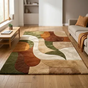 Tapis rectangulaire moderne abstrait en laine et acrylique, tufté, moelleux, antidérapant, style mid-century pour salon - Product Image 5