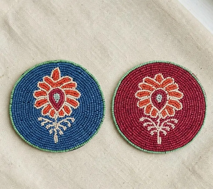 Hand-Beaded Floral <b>Coasters</b> | Boho Glass Seed Bead <b>Drink</b> <b>Coasters</b> (Set of 2) by whimsy art craft - Product Image 4