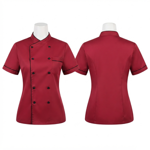 เสื้อเชฟผู้หญิง พรีเมียม ผ้าทวิลล์ โพลีเอสเตอร์ 65% คอตตอน 35% 200 GSM สีเบอร์กันดี แต่งขอบสีดำ ทรงเข้ารูป รับทำโลโก้ตามสั่ง OEM ODM - Product Image 1