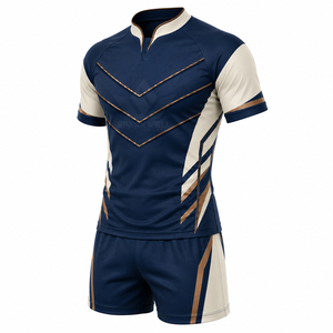 Ensemble de maillot de rugby bleu marine personnalisé pour hommes, manches courtes, col montant, polyester respirant sublimé, uniforme sportif d'équipe pour adultes - Product Image 4