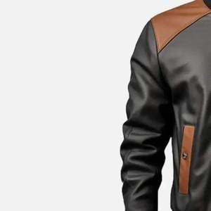 Men's PU Leather Bomber Jacket Moto Style Zipper Closure Turn-down Collar Solid Black Brown Accents Autumn Wear - Product Image 5