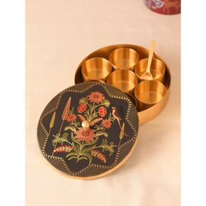 Multi colour Brass Spice <b>Box</b> with 7 Compartments & Spoon Traditional Decal Printed Masala Dabba For Luxury Kitchen Decor & India - Product Image 1