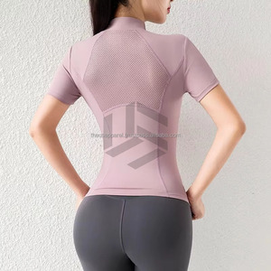 Women's Eco-Friendly Breathable Quick Dry Zipper up Short Sleeve Regular Fit Gym Shirts with <b>Pocket</b> for Fitness Yoga - Product Image 3