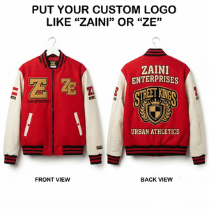 Premium 350 GSM <b>Wool</b> Blend Windproof Unisex Winter Bomber Jacket <b>Red</b> for Panel Design Custom Chenille Embroidery Logo - Product Image 1