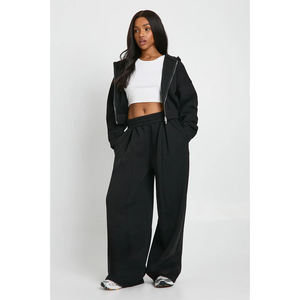 Conjunto Casual de Dos Piezas para Mujer, Chaqueta con Capucha y Pantalones Anchos, Ropa Deportiva Tejida Negra, Corte Holgado, para Todas las Temporadas - Product Image 6