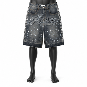 Shorts en jean personnalisés brodés de strass pour hommes, style vintage délavé, coupe ample, streetwear, OEM ODM, vente en gros - Product Image 1