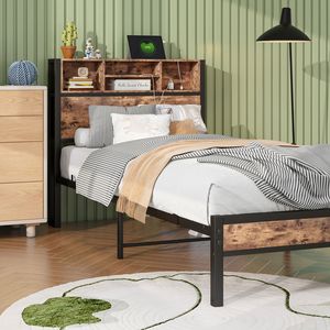 <b>Twin</b> Size Metal <b>Bed</b> <b>Frame</b> with Storage Headboard Charging Station & Bookcase No Box Spring Needed - Product Image 5