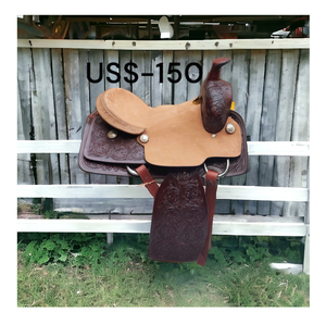 DD Leather Dual Tone Western Barrel Roping Saddle Diseño floral a mano Costura elegante Asiento duro Equitación Ropa ecuestre - Product Image 4