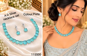 Cushion Cut Stone Link American Diamond <b>Necklace</b> <b>Set</b> With Matching <b>Earrings</b> Elegant <b>Silver</b> Plated Party Wear Jewelry Collections - Product Image 1