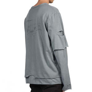 เสื้อยืดแขนยาวผู้ชายสไตล์สตรีทแวร์ ขาดๆ แบบโอเวอร์ไซส์ ผ้าฝ้าย ฮิปฮอป วินเทจ สีเทาฟอก ทรงหลวม สวมใส่สบาย - Product Image 3