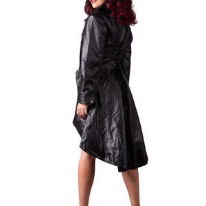 Manteau trench noir en similicuir asymétrique à double boutonnage, manches longues, longueur midi, col à revers, coupe-vent - Product Image 4