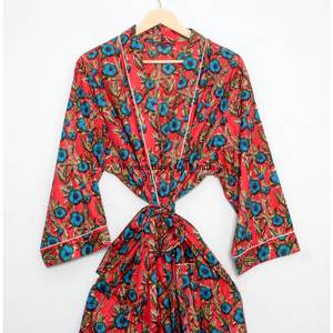 Hand Block Printed Cotton Kimono Bathrobe Indian Style Night Wear/Swim Suit/Dressing Gown Winter 100% Cotton kimono <b>robe</b> - Product Image 3
