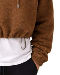 Sweat à capuche court en molleton texturé marron personnalisé, avec fermeture éclair quart de tour, ourlet à cordon de serrage réglable, style streetwear décontracté et chaud, avec logo personnalisé - Product Image 6