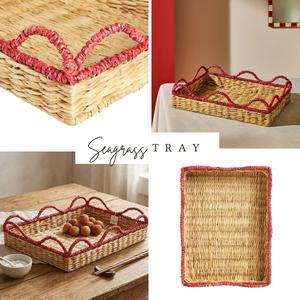 Bandeja Rectangular de Seagrass con Borde Ondulado Rojo, Cesta Decorativa Tejida a Mano para Almacenamiento, Venta al por Mayor OEM/ODM - Product Image 3