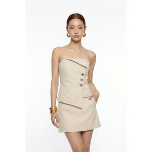 Ensemble Corset Asymétrique Boutonné sur le Devant et Mini-Jupe – Ensemble Deux Pièces Bustier Tailleur Neutre – Mots-clés Clés du Produit - Product Image 1
