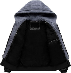 Veste bomber en cuir noir pour homme, vêtements d'extérieur chauds pour l'hiver, avec capuche en tissu amovible, poignets en tricot côtelé, plusieurs poches, OEM - Product Image 4