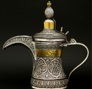 Ornate metal Dallah with multicoloured enamel accents and floral art, available at wholesale prices, perfect for elegant homes. - Product Image 6