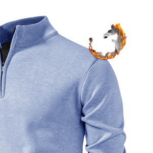 Pull tricoté décontracté pour homme en laine/nylon bleu uni, col montant, manches longues, fermeture éclair quart de tour, poignets côtelés, personnalisable - Product Image 3