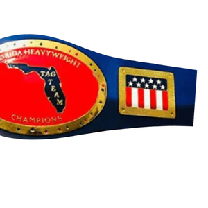 Ceinture de champion de la lutte en équipe de la catégorie poids lourd de la Floride, plaque rouge avec carte de la Floride et design du drapeau américain, sangle bleue - Product Image 4