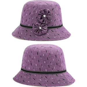 Chapeau Bob Moderne Violet Texturé en Polyester/Coton avec Double Fleur et Strass – Tendance Décontractée Streetwear Printemps Automne Femme - Product Image 2