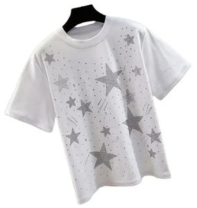 Camiseta Blanca Personalizada de Manga Corta para Hombre con Diseño de Estrellas Brillantes, Cuello Redondo, Estilo Urbano, Largo Regular, Transpirable, 100% Algodón - Product Image 1