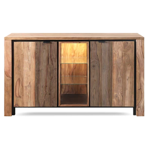 Modern Luxury Solid Mango Wood Eco-Friendly <b>Sideboard</b> Glass Doors Slatted Panels Midcentury Modern Design 3 ft Capacity Dining - Product Image 2