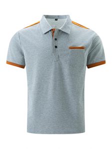 Polo pour homme bleu uni en maille à manches courtes avec poche, style décontracté color block, faible MOQ - Product Image 6