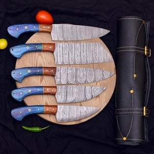 Handmade Damascus Steel Chef <b>Knife</b> <b>Set</b> with Blue Resin and Wood Handle Design Survival Hunting <b>Knives</b> A&M Enterprises - Product Image 2