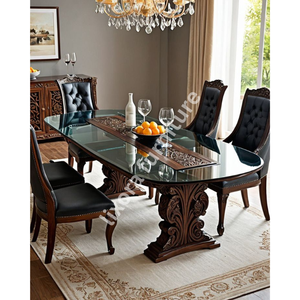 Product Name Luxury Handcrafted <b>Solid</b> <b>Wood</b> 6 Seater Dining <b>Table</b> Set Ornate Carved Base Premium Glass <b>Top</b> Decor --- - Product Image 5