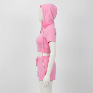 Womens Solid Pink Short Sleeve <b>Zip</b>-<b>Up</b> Cropped Hoodie and Matching Drawstring Shorts Twin Set OEM ODM Wholesale Apparel - Product Image 3